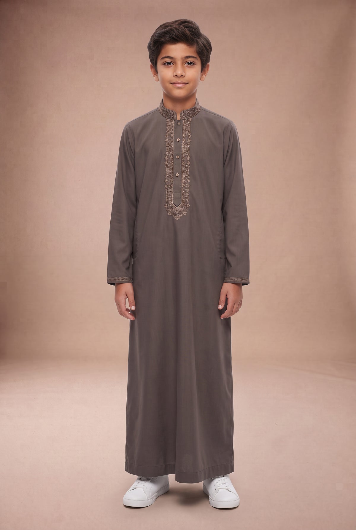 Boys Tonal Embroidered Thobe Light Brown 1192