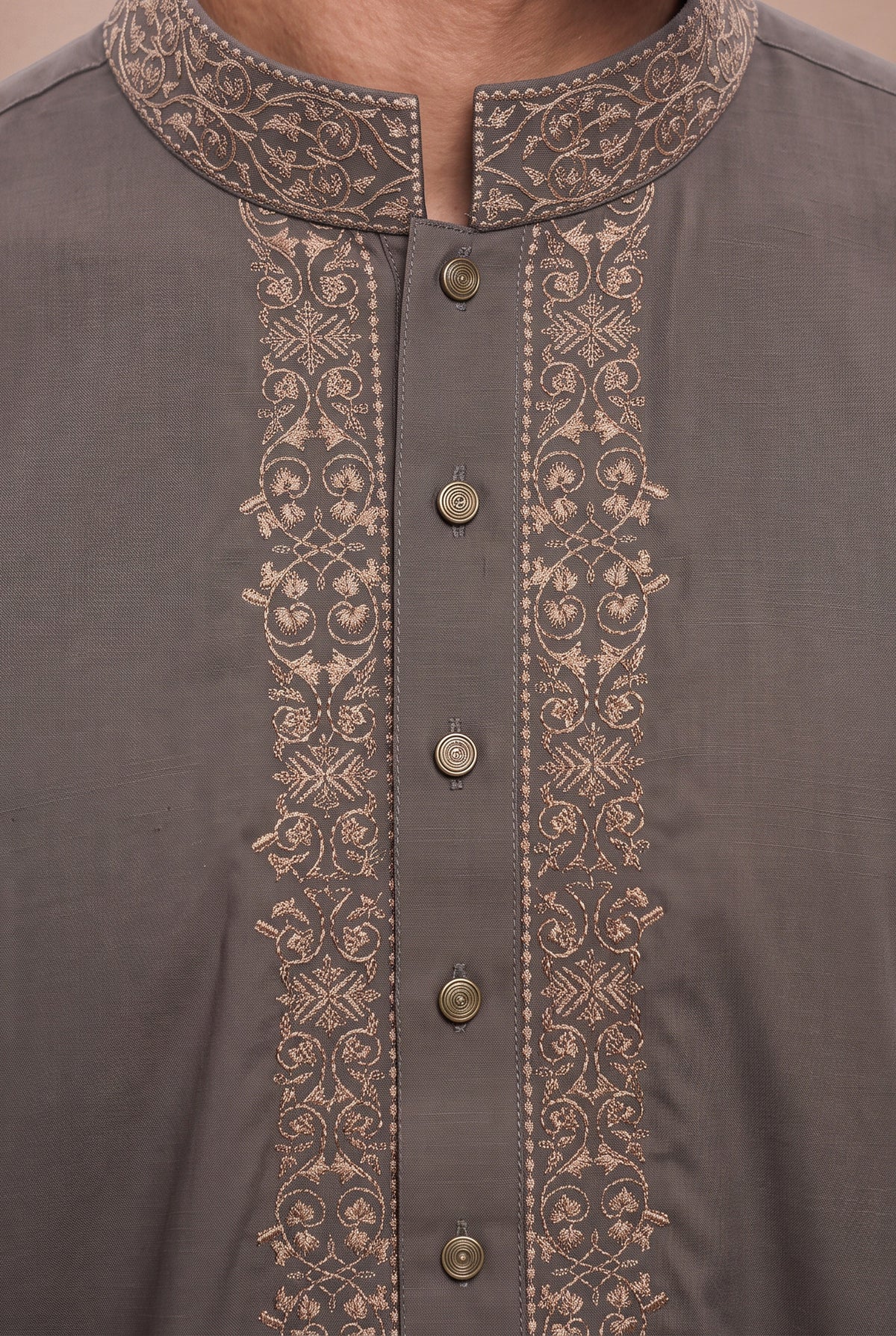 Boys Tonal Embroidered Thobe Light Brown 1192