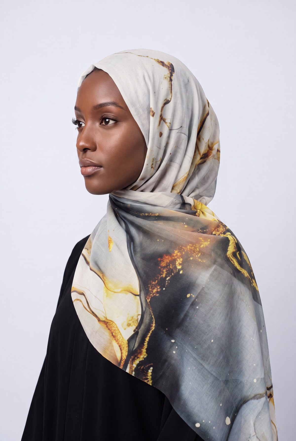 Watercolour Modal Hijab Charcoal & Gold