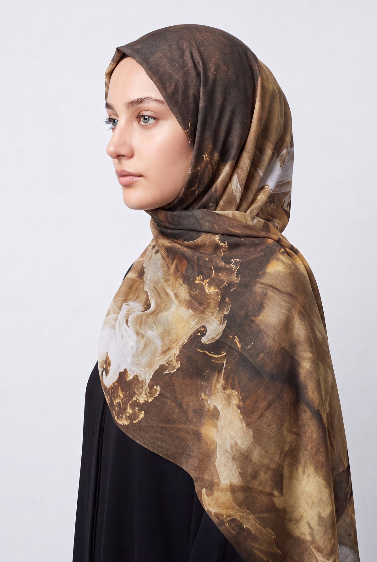 Watercolour Modal Hijab Brown & Gold