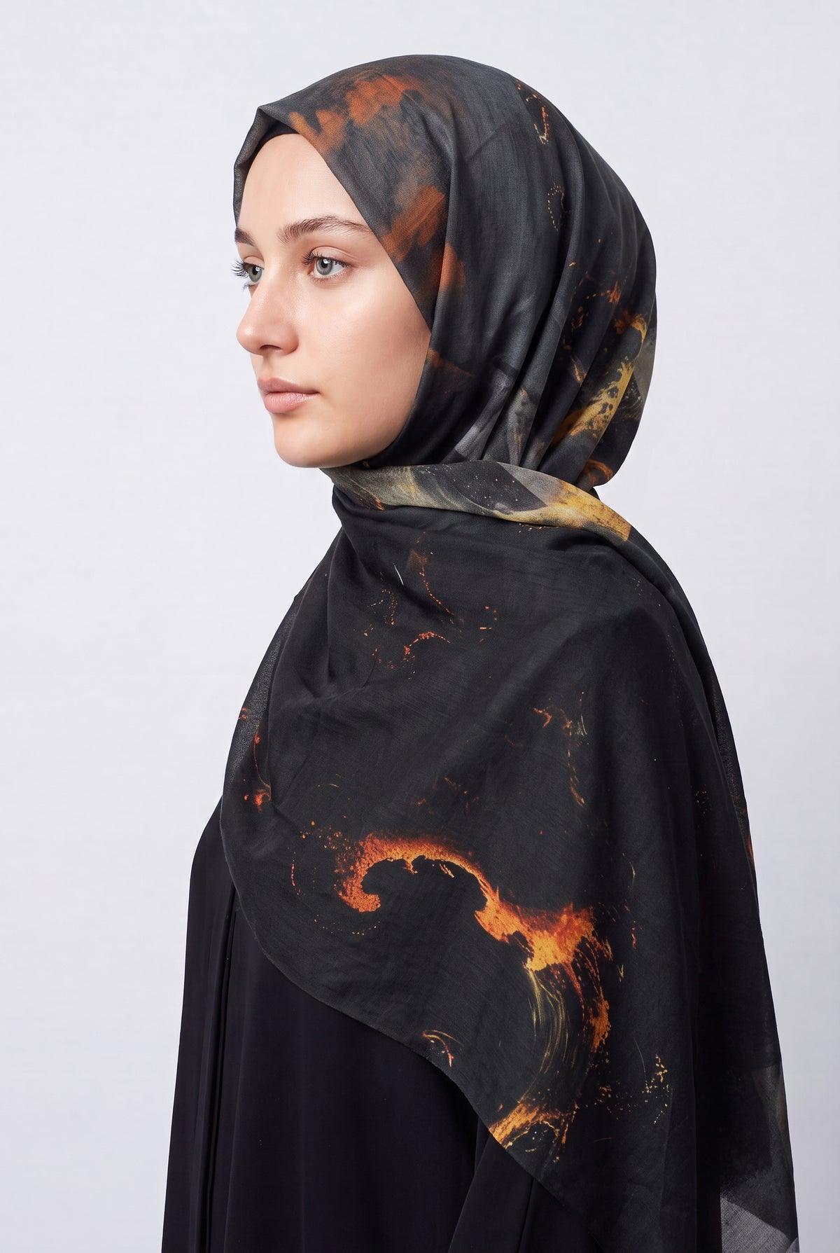 Watercolour Modal Hijab Black & Orange