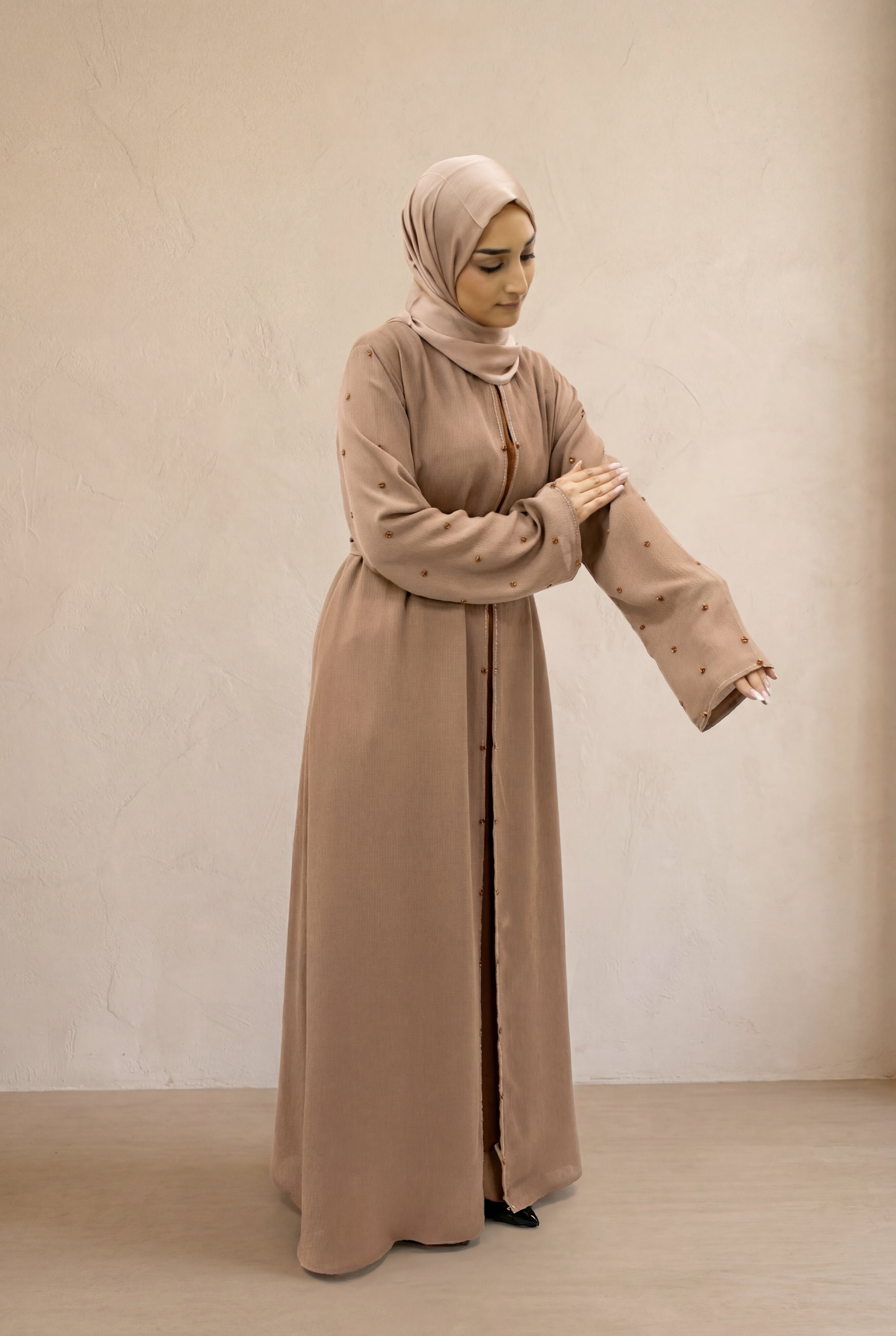 Satin Scattered Beaded Kimono 6076 Mocha