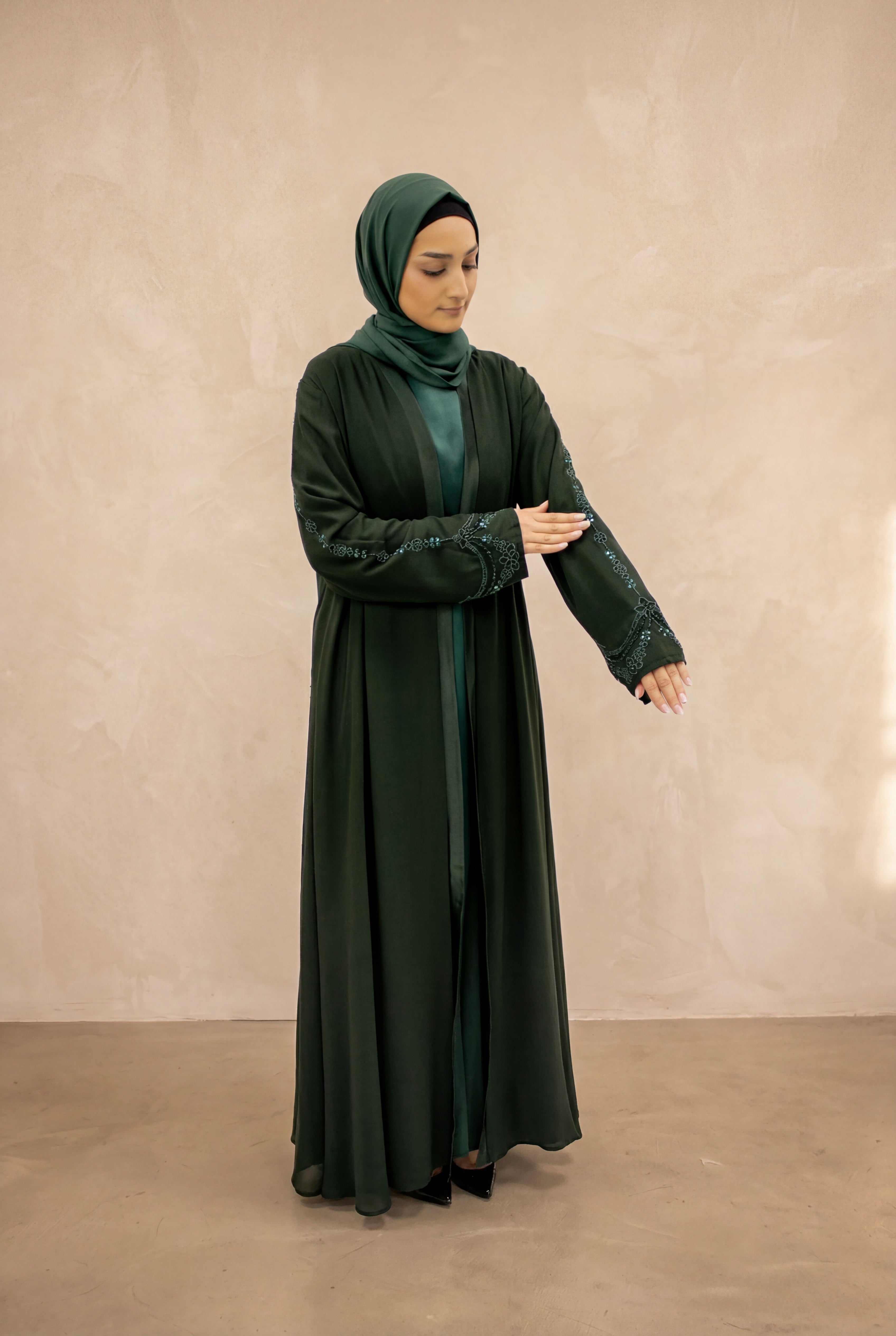 Satin Trim Elegancy Abaya 6102 Bottle Green