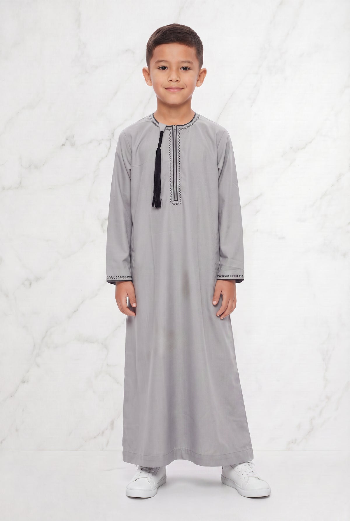 Boys Omani Tasselled Thobe Stone Grey 104 Col 01