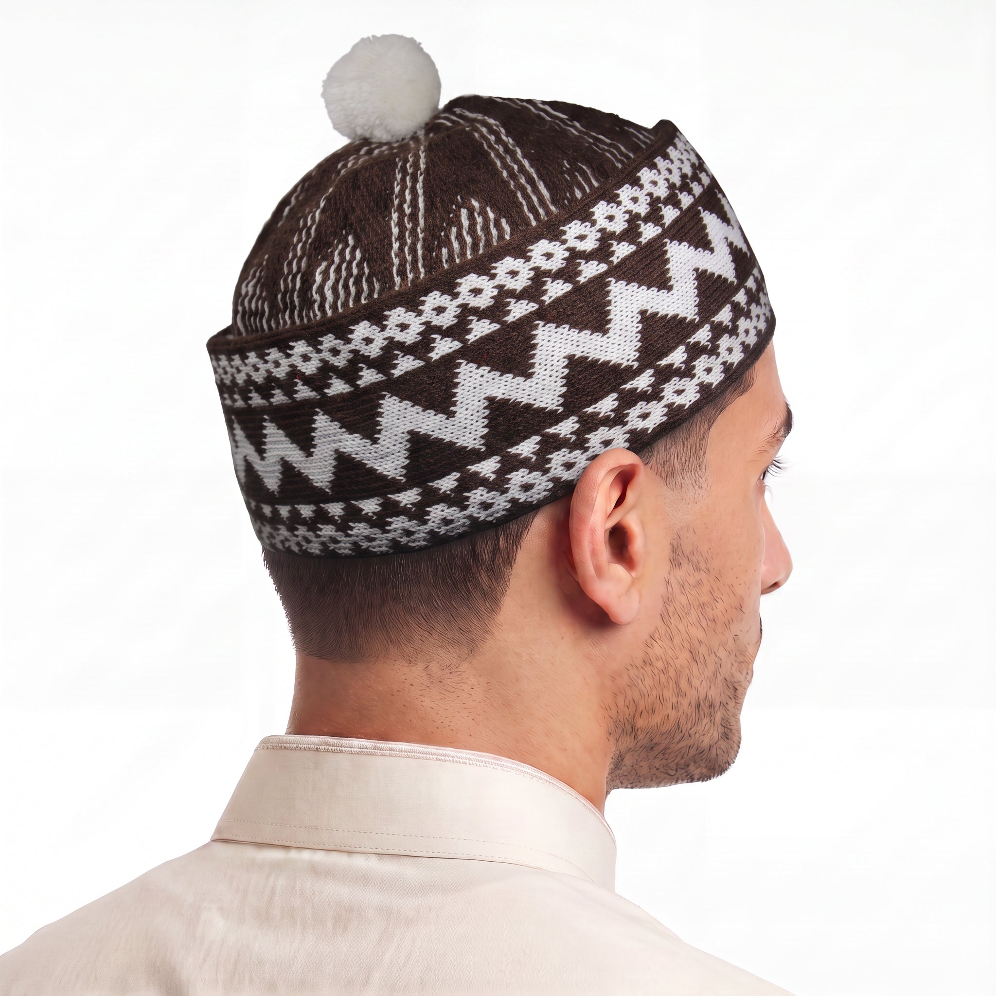 Zigzag Pom Pom Prayer Hat Brown