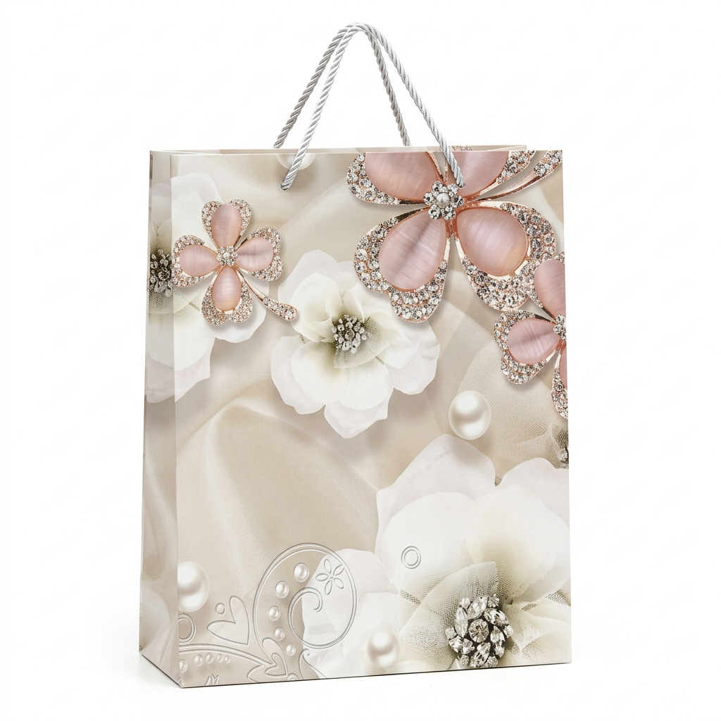 Pink & White Floral Pearl Gift Bag - Medium
