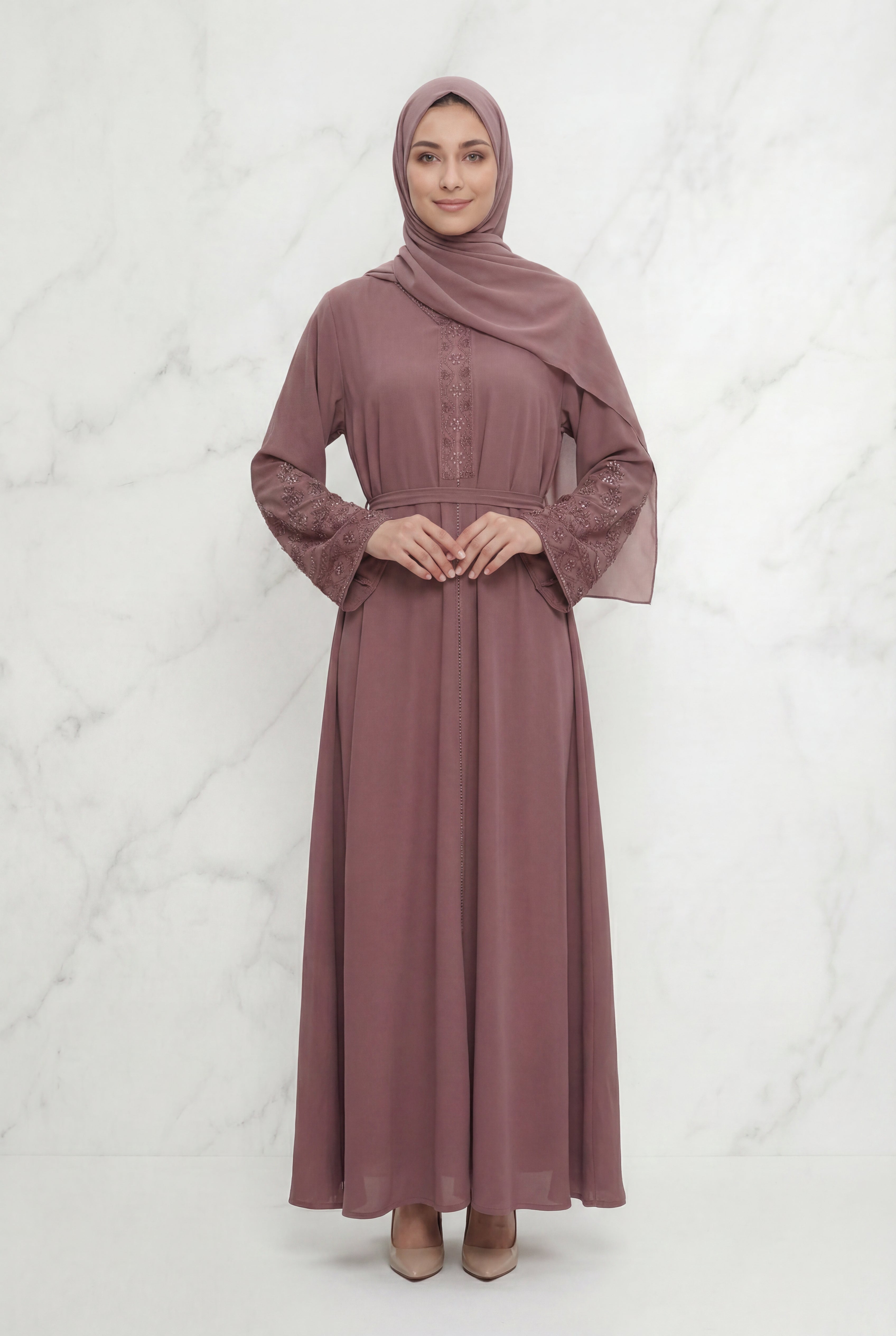 Bushra Beaded Chiffon Abaya Dusty Pink 6160