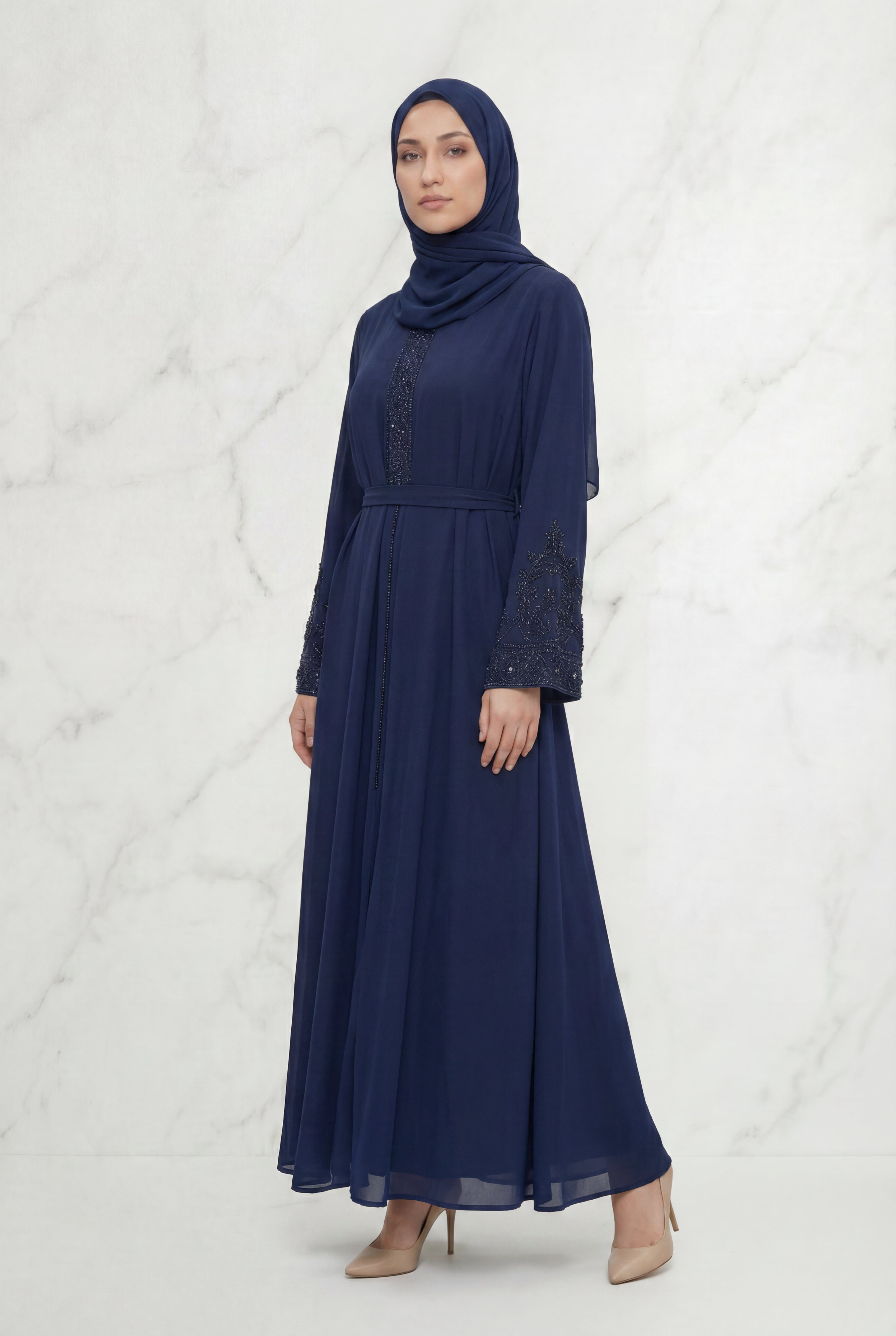 Bushra Beaded Chiffon Abaya Navy Blue 6160