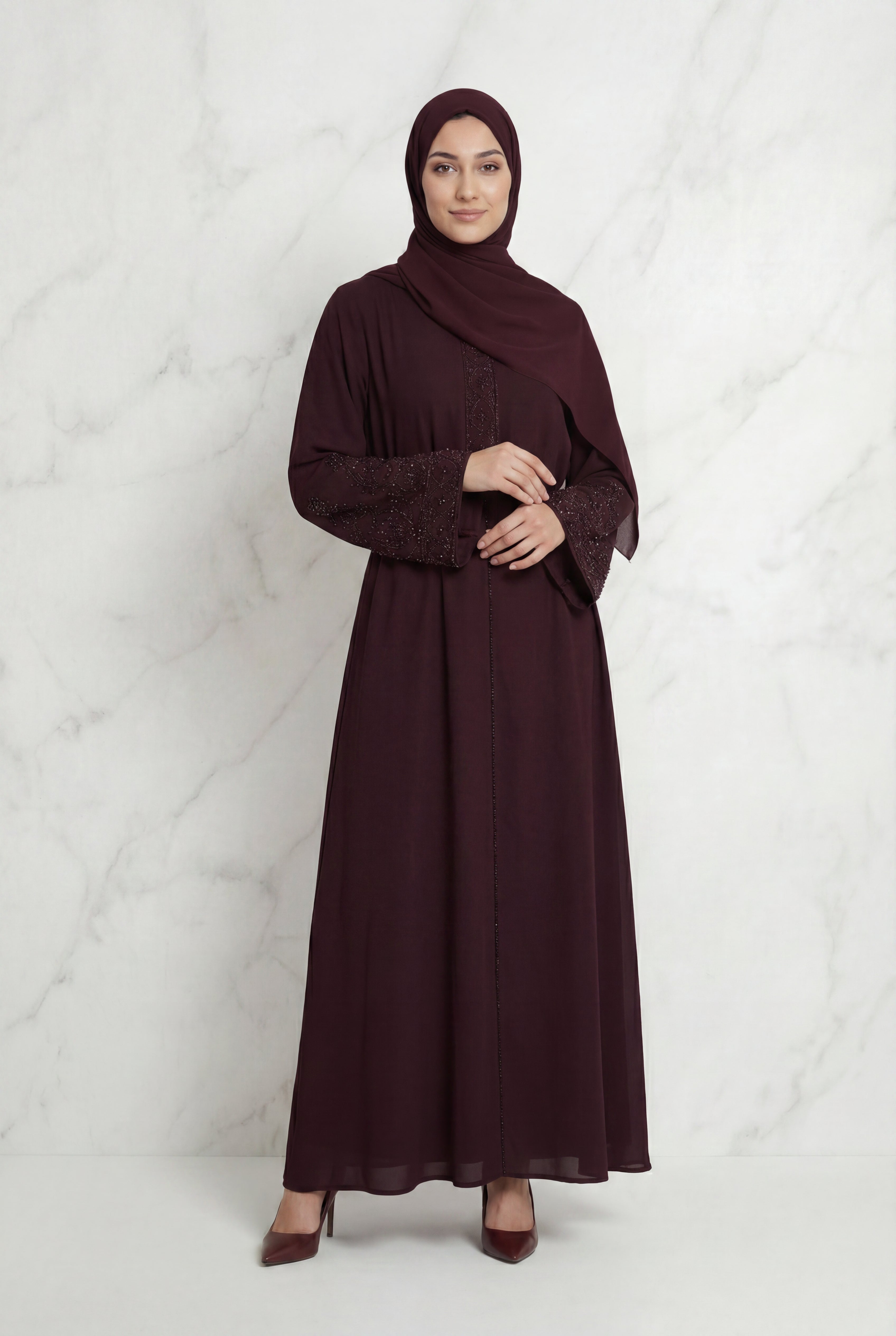 Bushra Beaded Chiffon Abaya Plum 6160