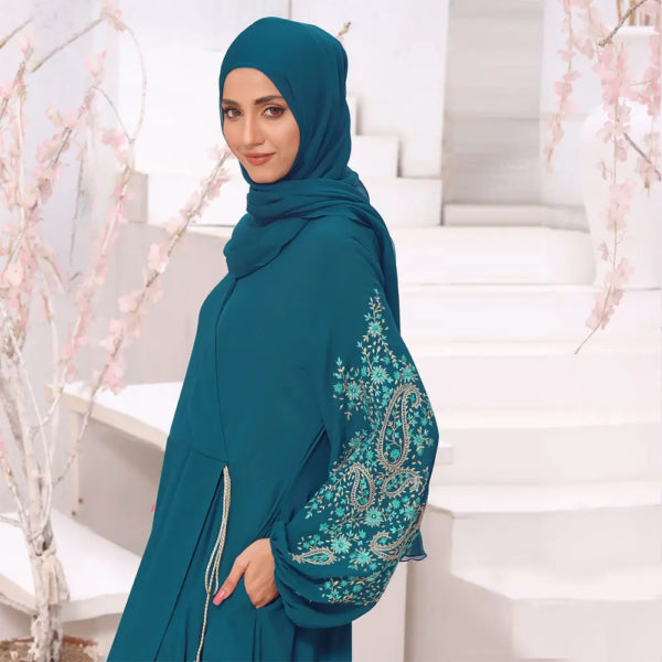 Teal Luxurious Embroidered Abaya AS949