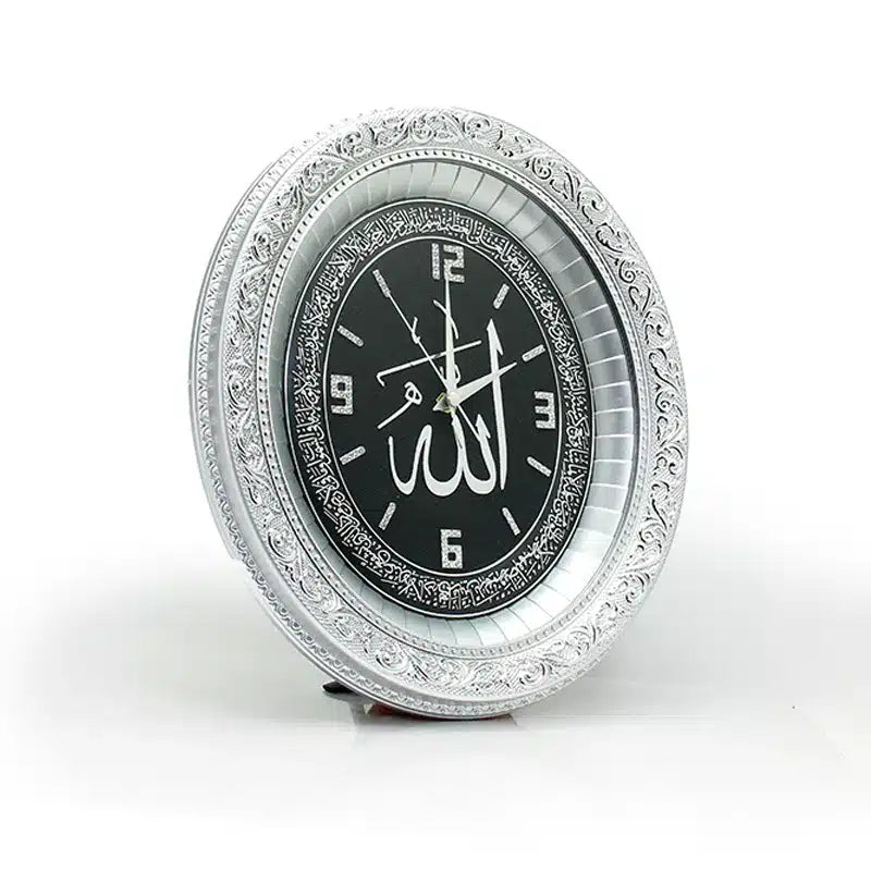 Oval Silver & Black Allah Clock (1817) 37 Cm X 32 Cm