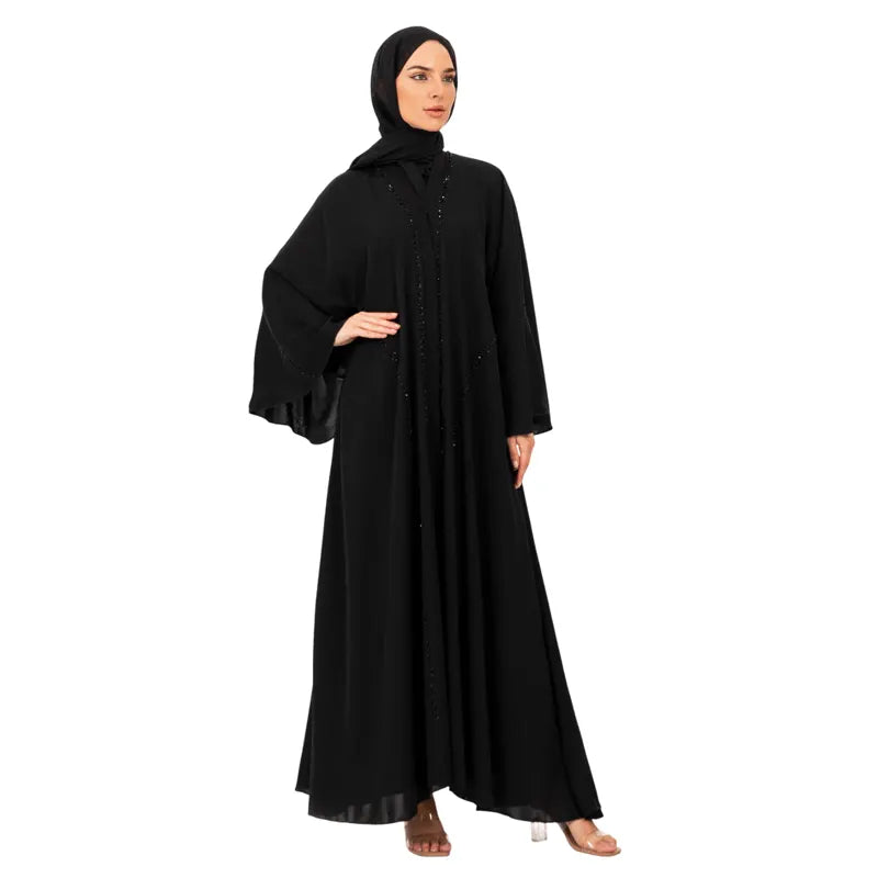 Black Multi Embellished Umbrella Buttoned Abaya
