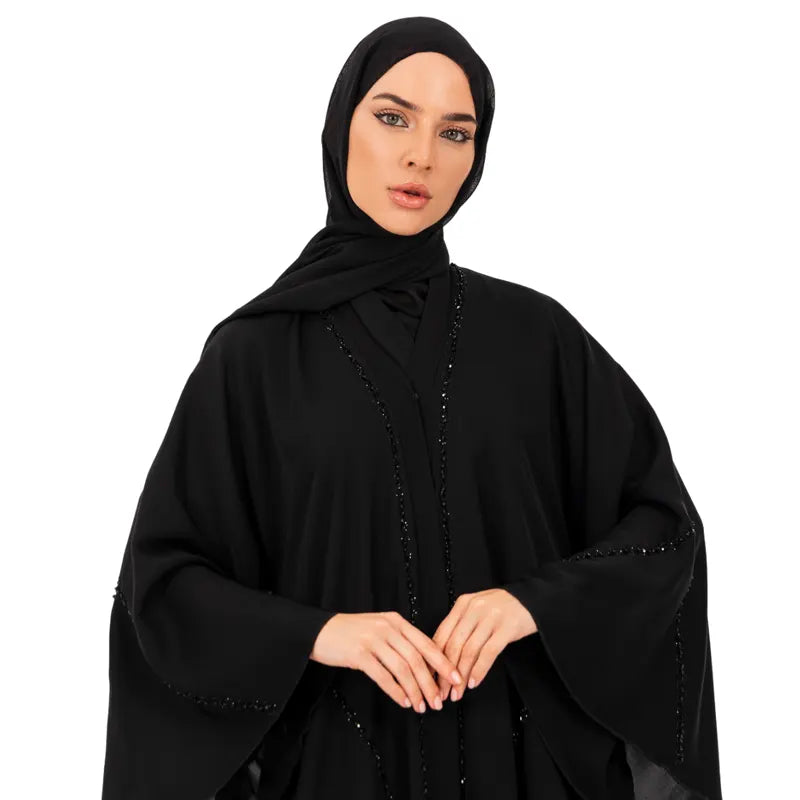 Black Multi Embellished Umbrella Buttoned Abaya