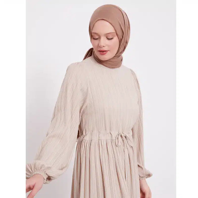 Cream Belted Drawstring Abaya