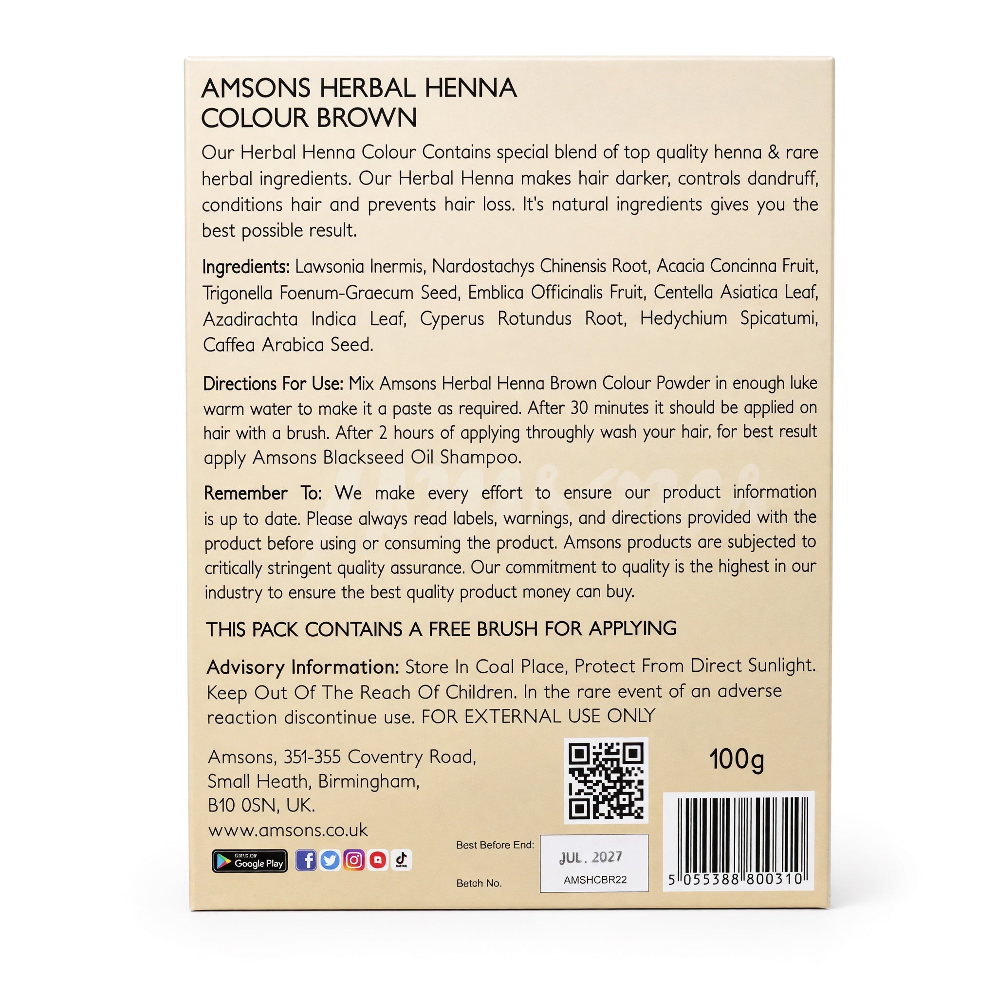 Henna Hair Colour Brown for Women 100g
