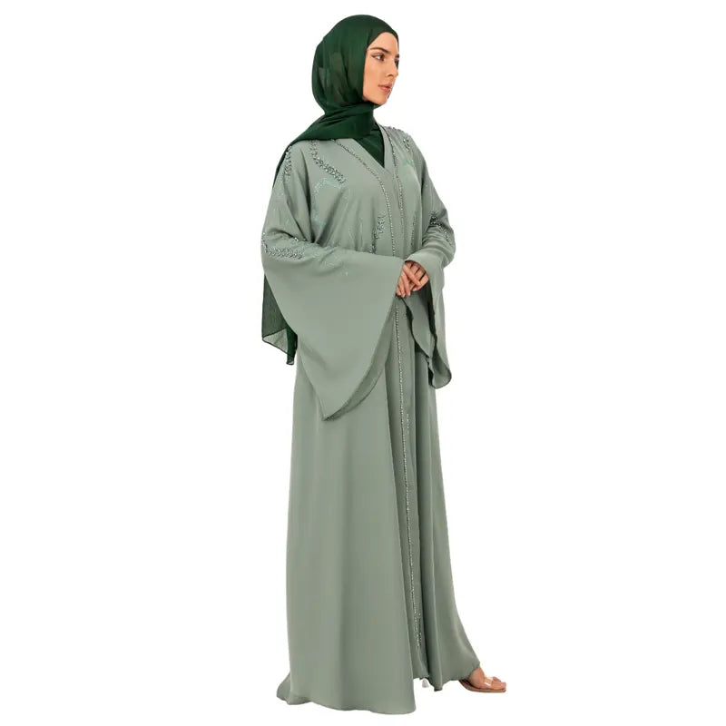 Flared Sleeve Beaded Button Abaya