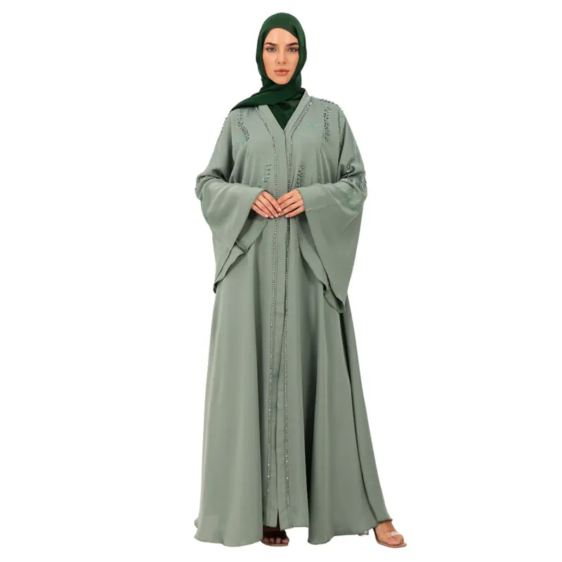 Flared Sleeve Beaded Button Abaya