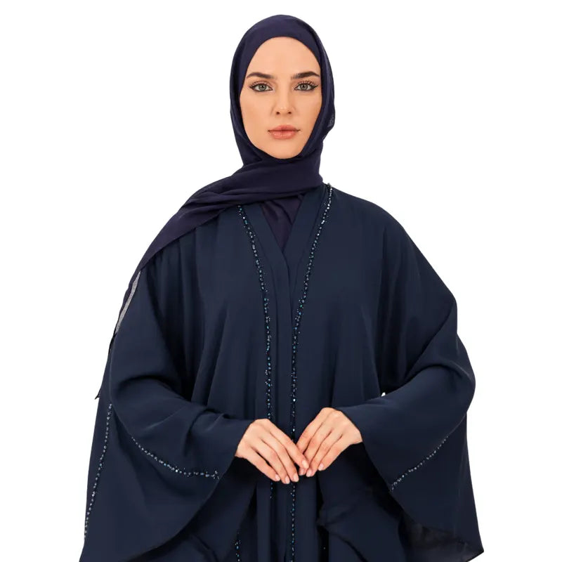 Navy Multi Embellished Umbrella Buttoned Abaya