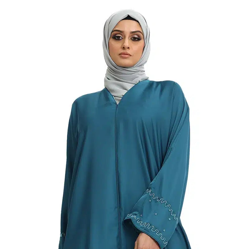 Bimba Women's Long Sleeve Islamic Abaya - Pleated Maxi Dress With Hijab, Teal Blue Rayon Jilbab, Modest Wear