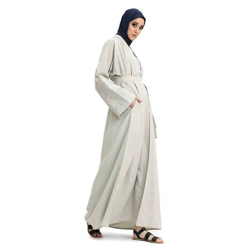 Women's Linen Cream Open Abaya Cream Design 1