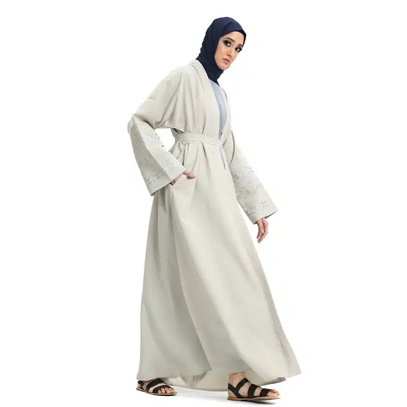 Women's Linen Cream Open Abaya Cream Design 1