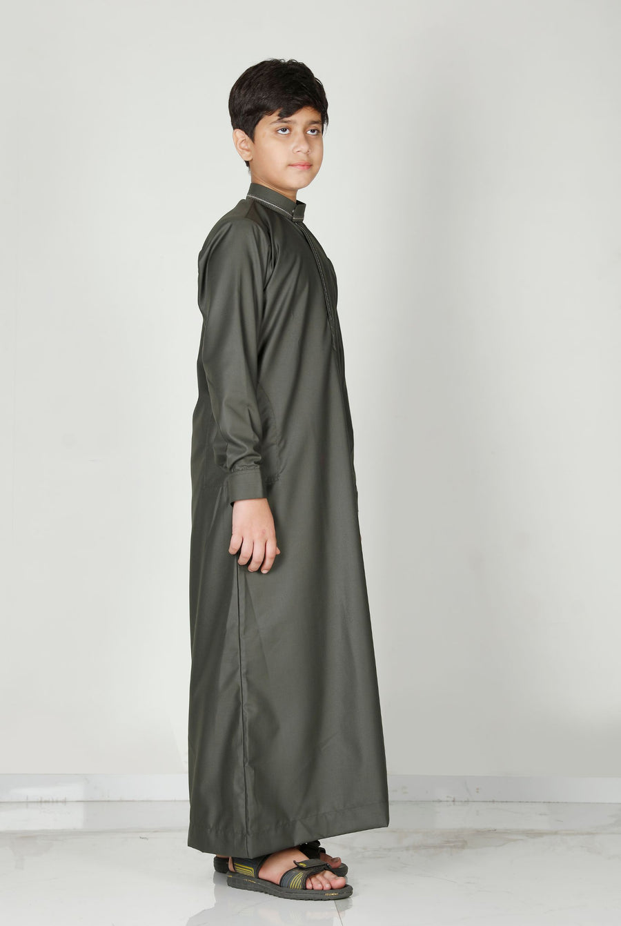 Premium Collared Kids Thobe Olive 110 Col 15