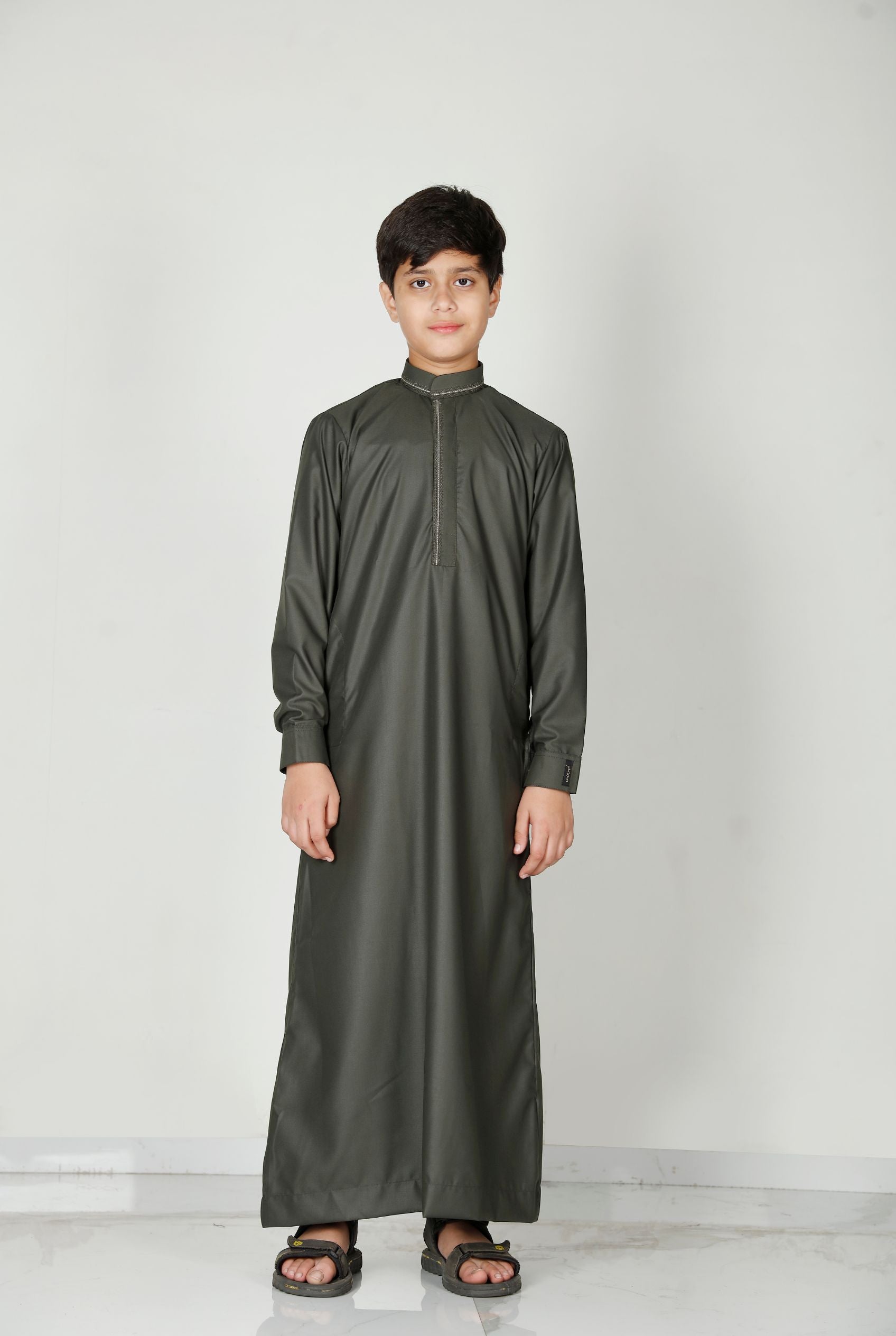Premium Collared Kids Thobe Olive 110 Col 15