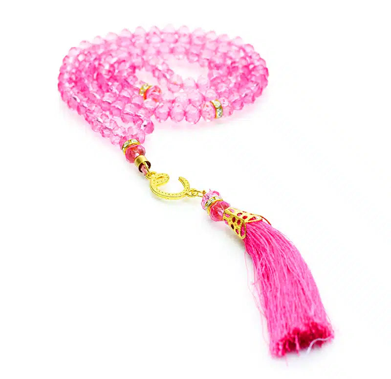 100 Bead Pink Crystal Cresent Tasbih