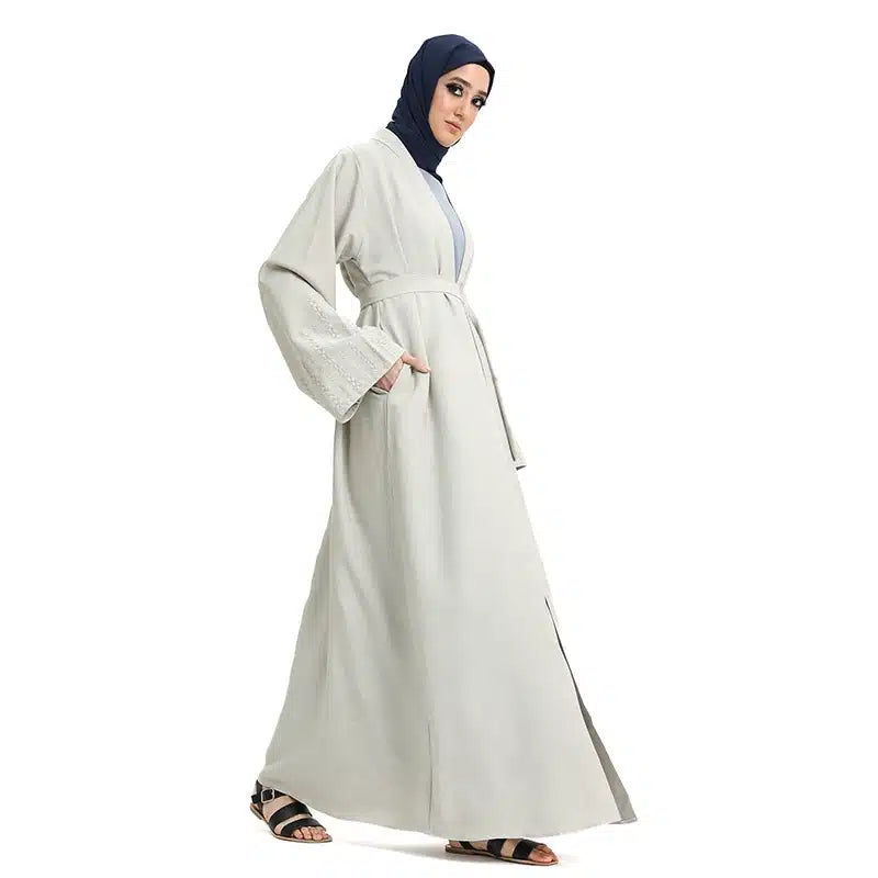 Women's Linen Cream Open Abaya Cream Design 2