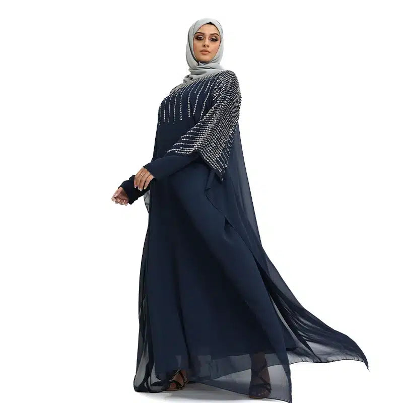 Detailed Belted Batwing Navy Abaya