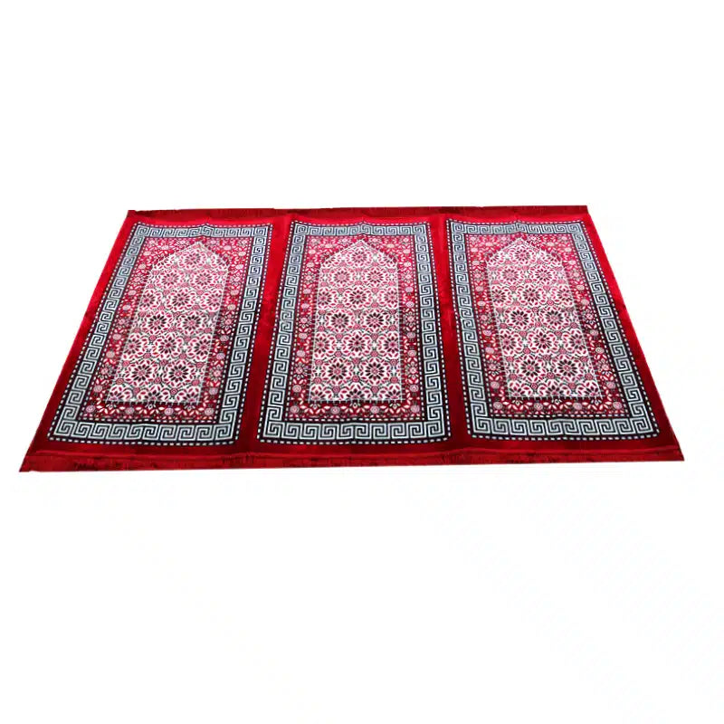 Red & White Bordered Three People Muslim Prayer Mat