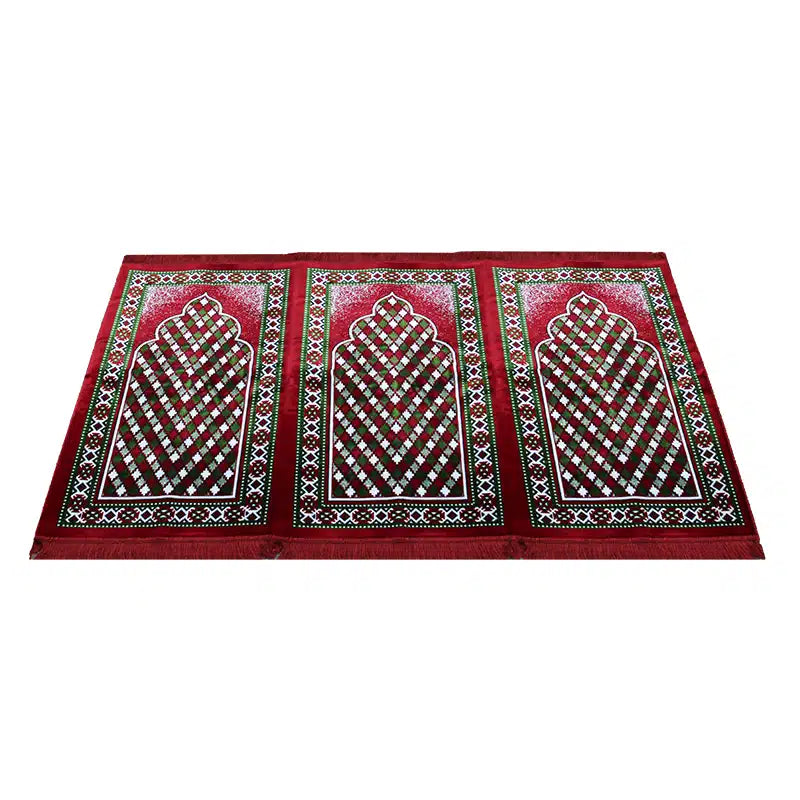 Red Bordered Three People Muslim Prayer Mat