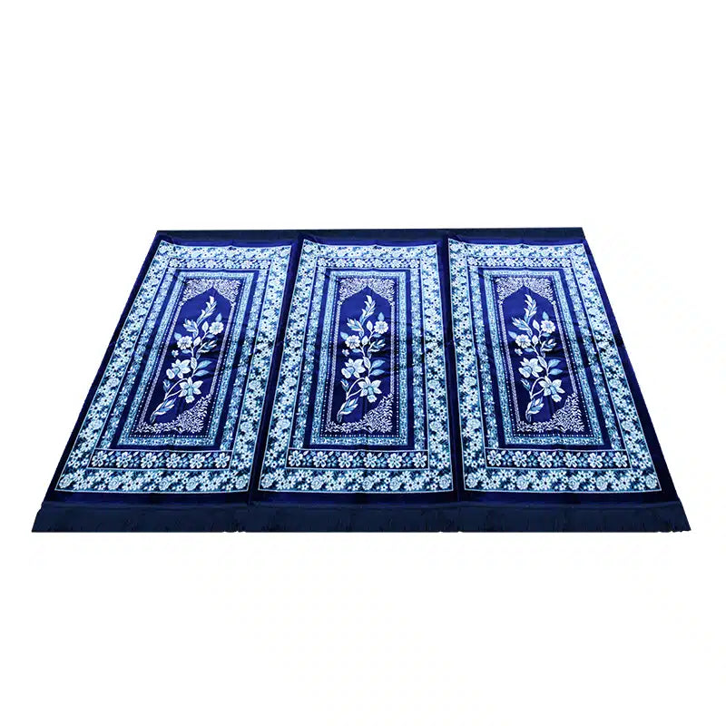 Blue Bordered Three People Muslim Prayer Mat