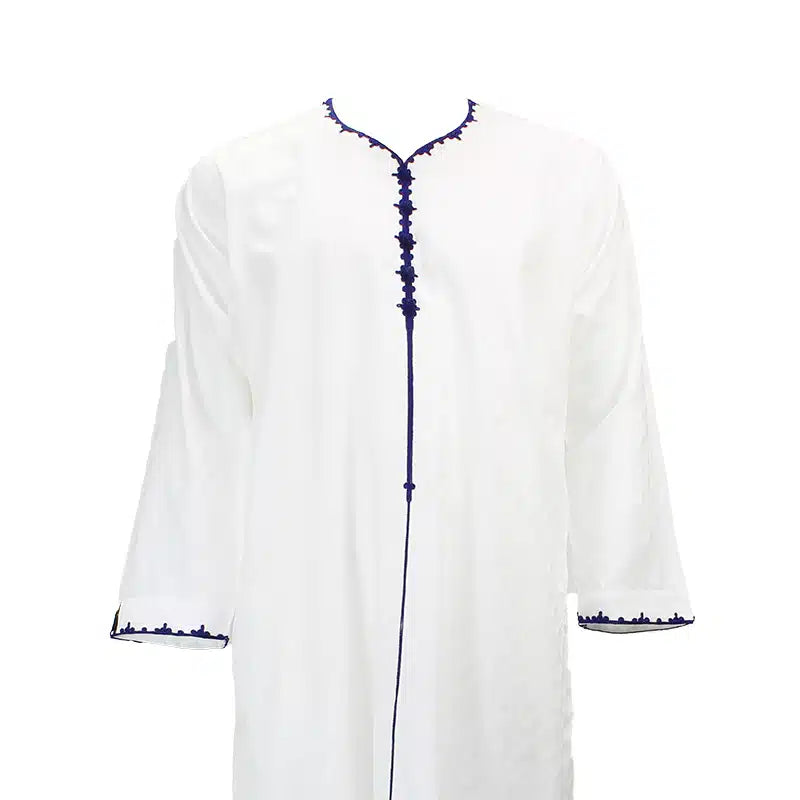 Textured White Thobe With Navy Detailing 1514