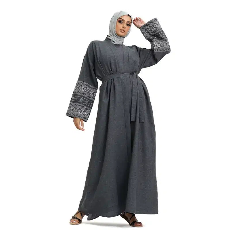 Women's Linen Grey Open Abaya Design 1