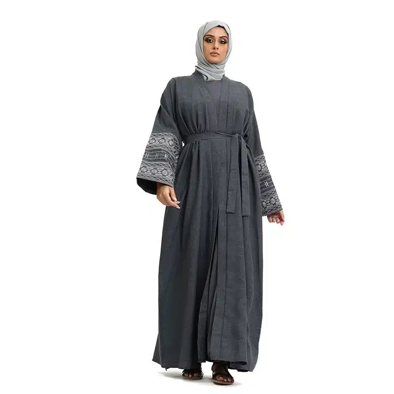 Women's Linen Grey Open Abaya Design 1