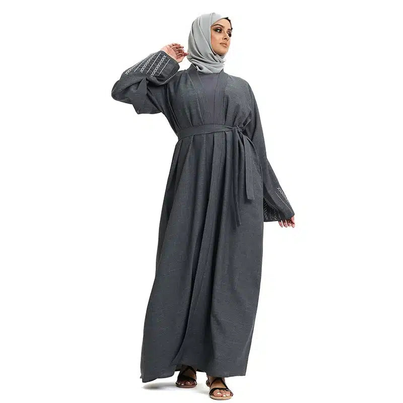 Women's Linen Grey Open Abaya Design 2