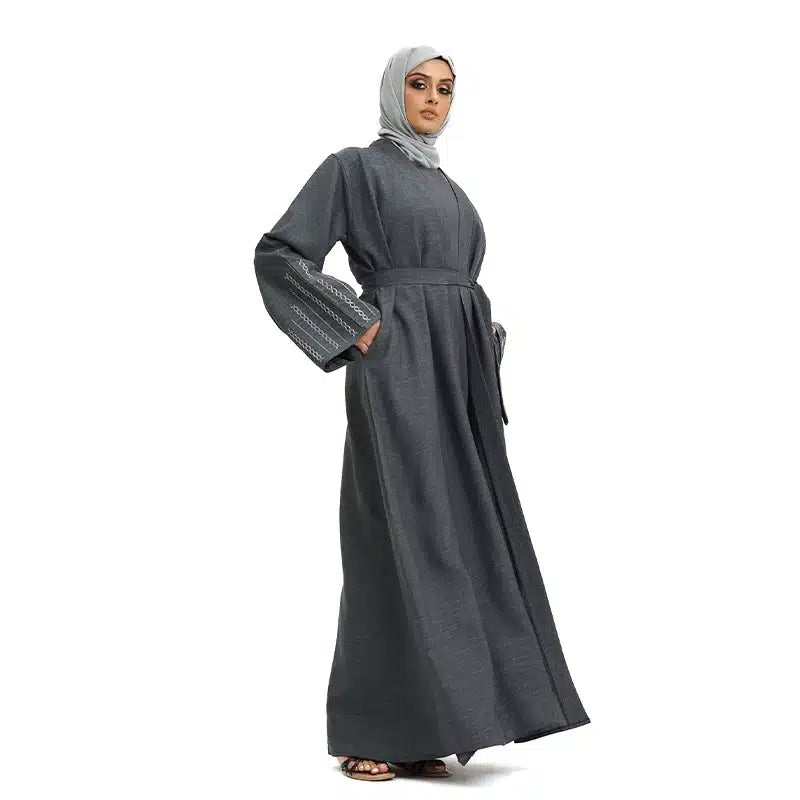 Women's Linen Grey Open Abaya Design 2