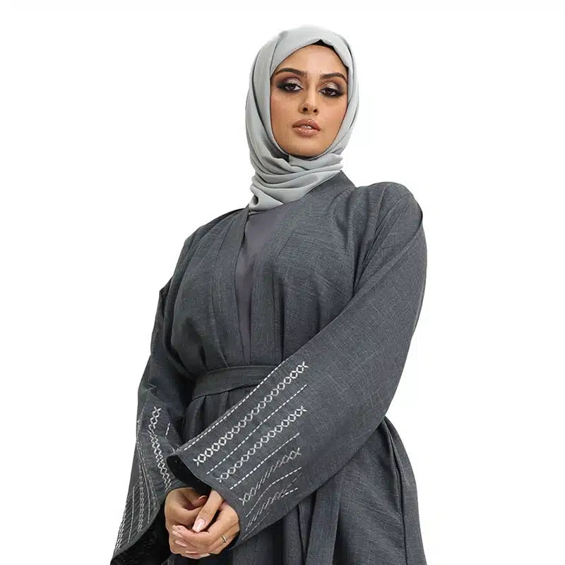 Women's Linen Grey Open Abaya Design 2