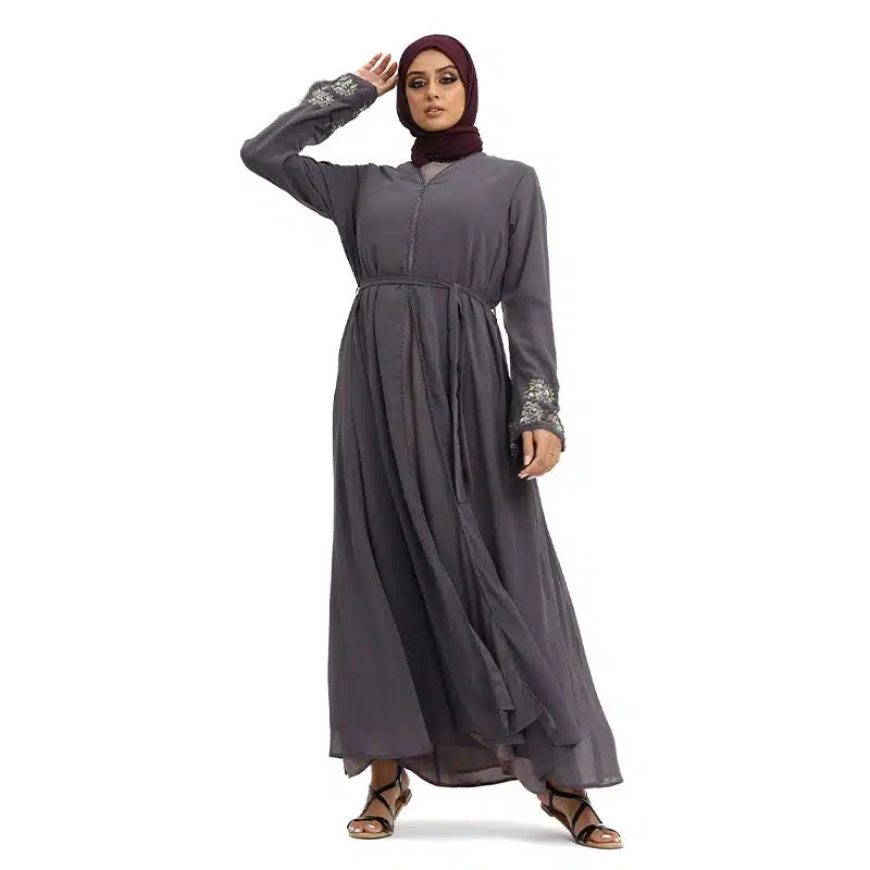 Hawa Chiffon Beaded Charcoal Kimono