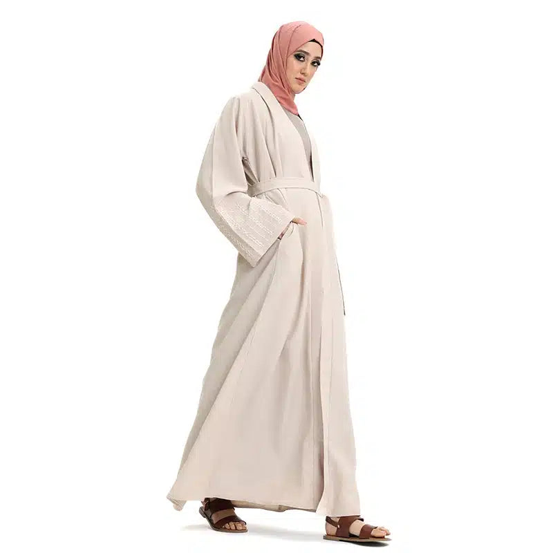 Women's Linen Peach Open Abaya Design 2