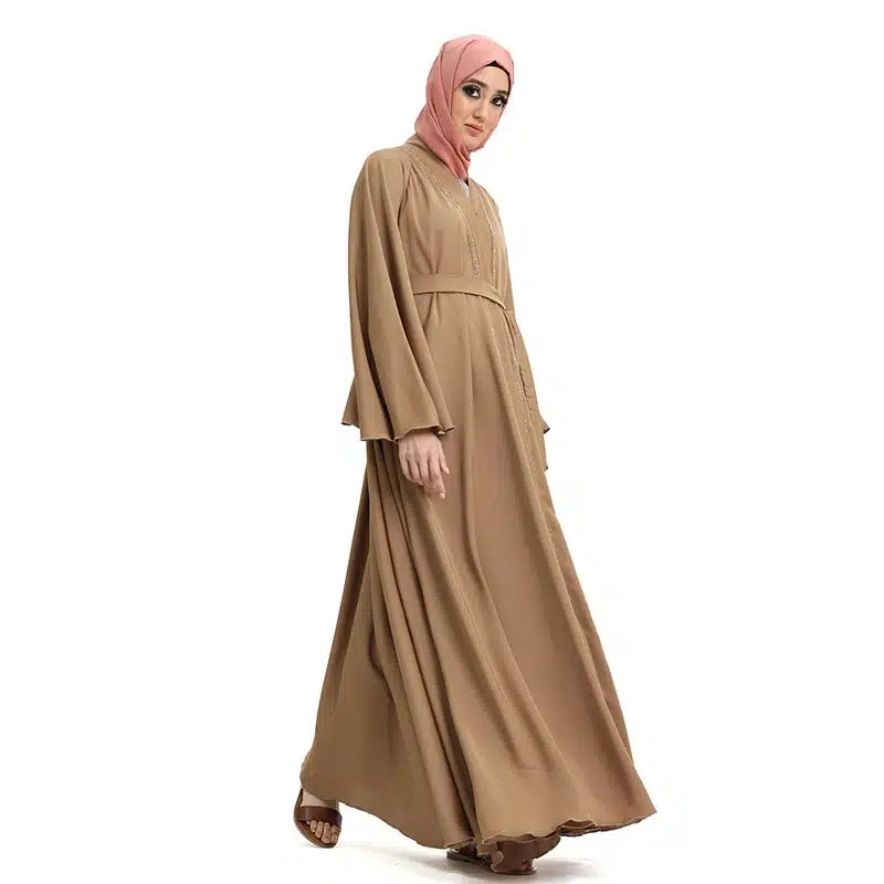 Amira Embroidered Belted Caramel Abaya