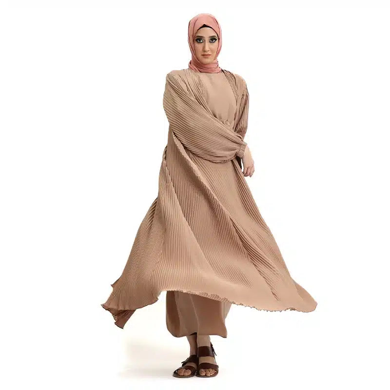 Pleated 2 Piece Nude Chiffon Kimono Set