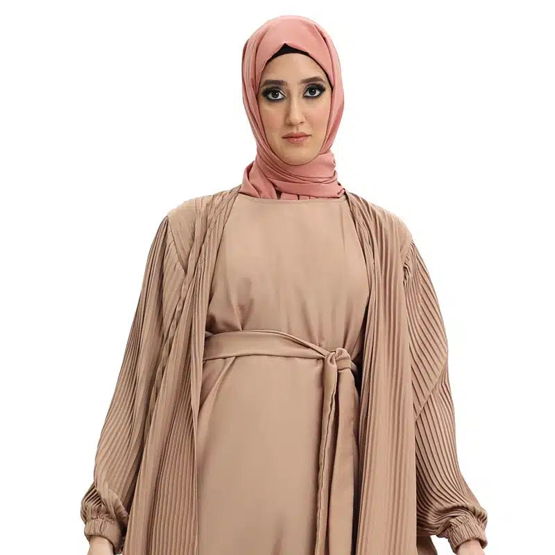 Pleated 2 Piece Nude Chiffon Kimono Set