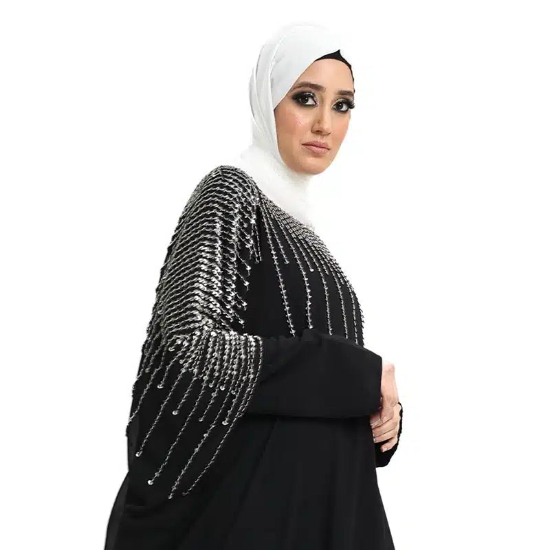 Detailed Belted Batwing Black Abaya