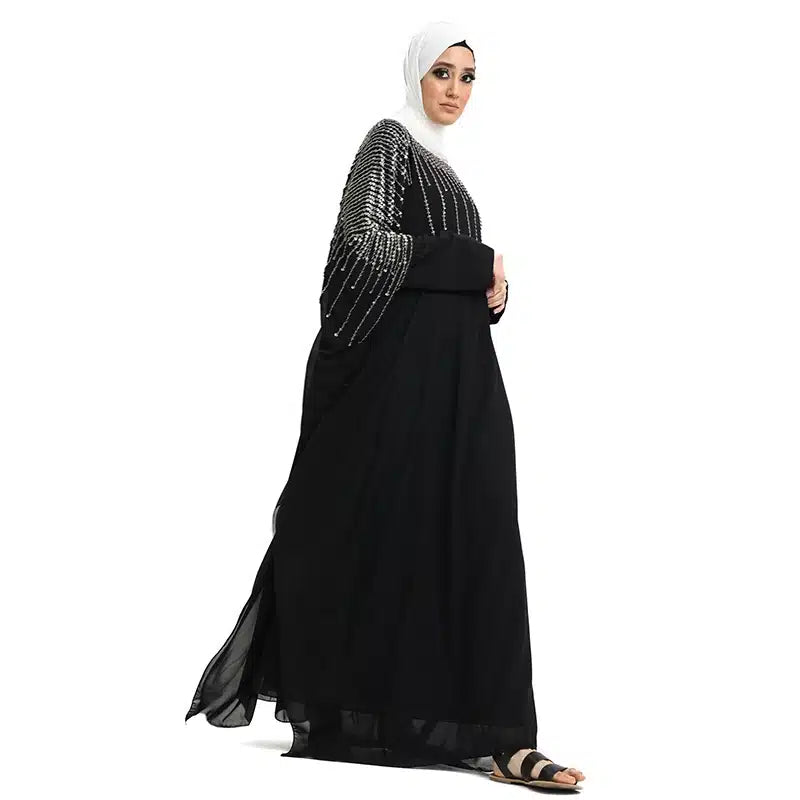 Detailed Belted Batwing Black Abaya