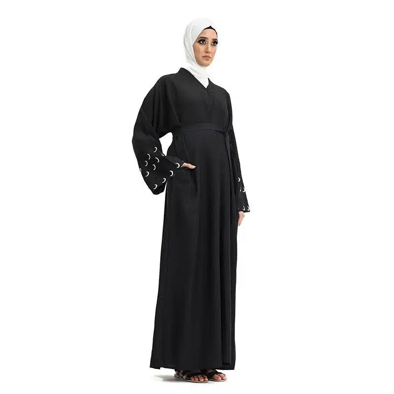 Linen Moon Embroidered Buttoned Black Abaya