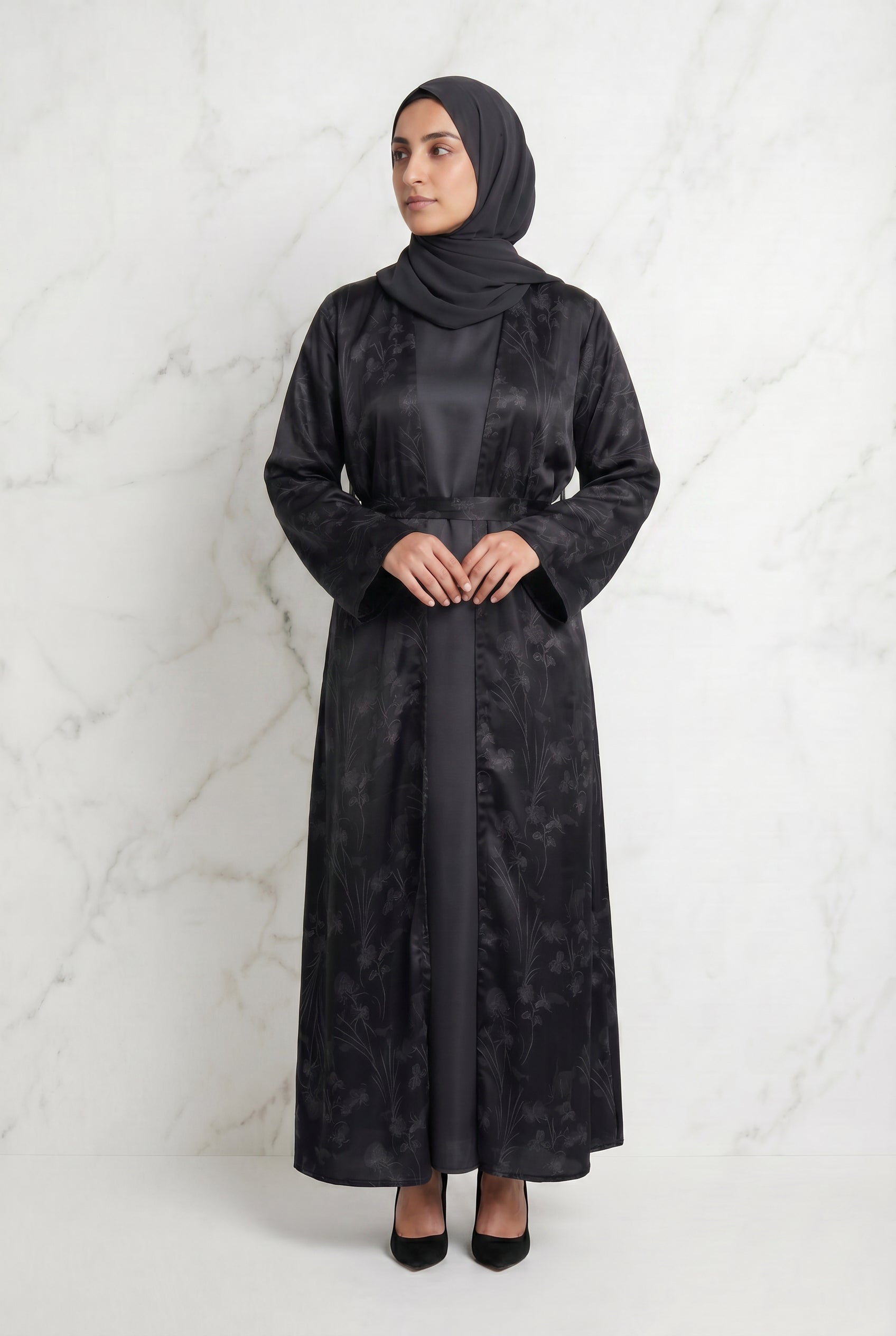 Samira Satin Abaya 655 Col 4 Black w/ Silver