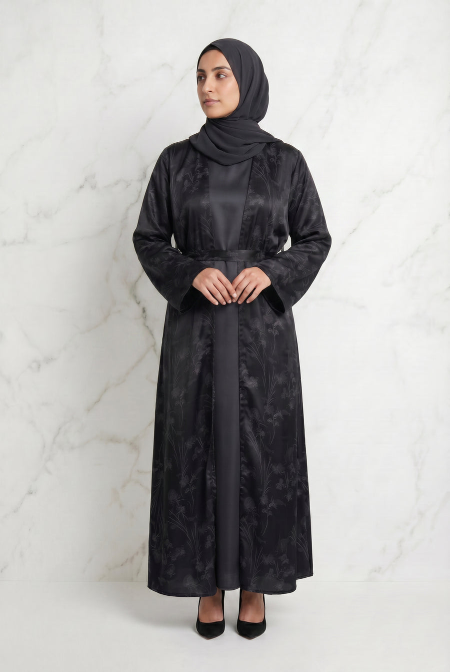 Samira Satin Abaya 655 Col 4 Black w/ Silver