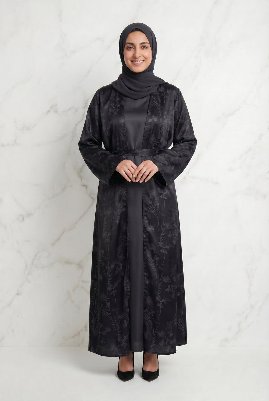 Samira Satin Abaya 655 Col 4 Black w/ Silver